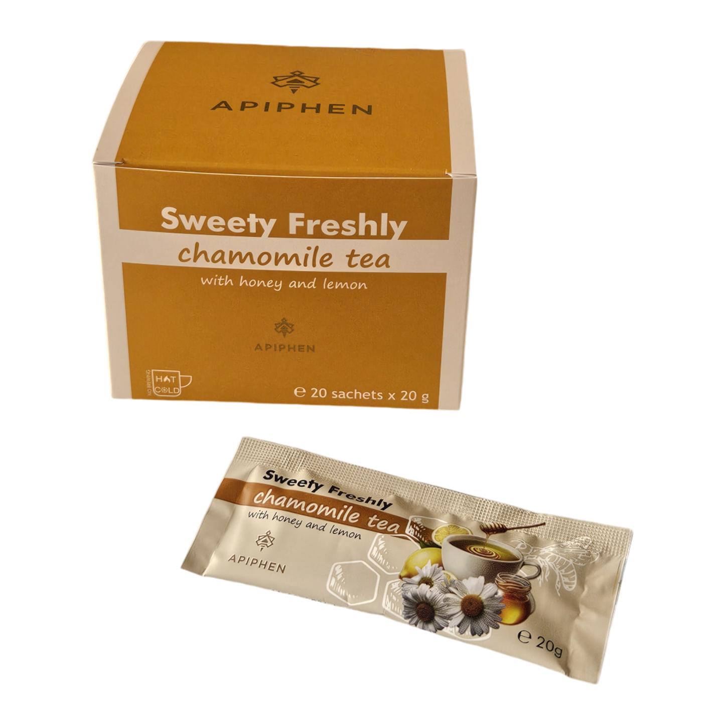 A box of Sweety Freshly Chamomile tea with honey and lemon with 20 sachets of 20 g